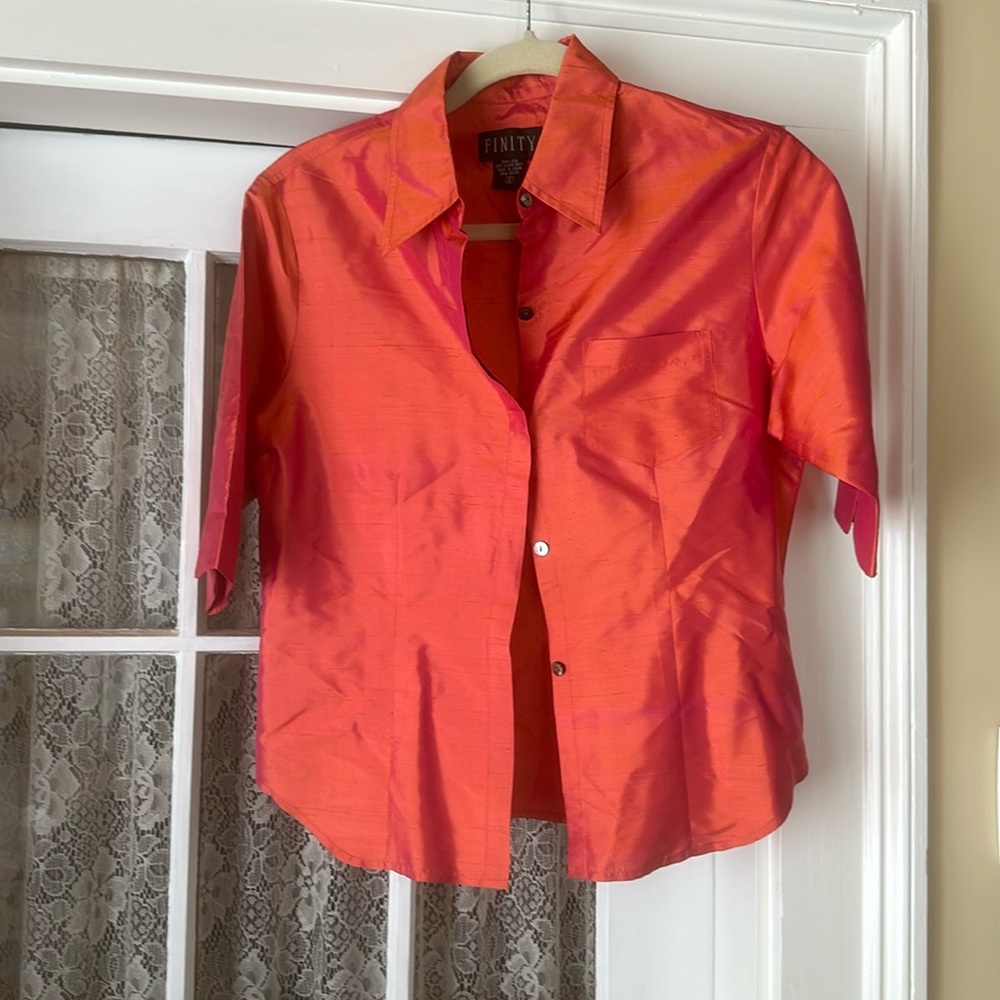 Finity orange silk button down shirt.  Size 8